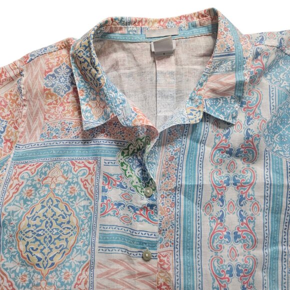 Chico's Women's Blouse SZ 2 US 12 Large No Iron 100% Linen Floral Coastal Tile - Picture 6 of 11